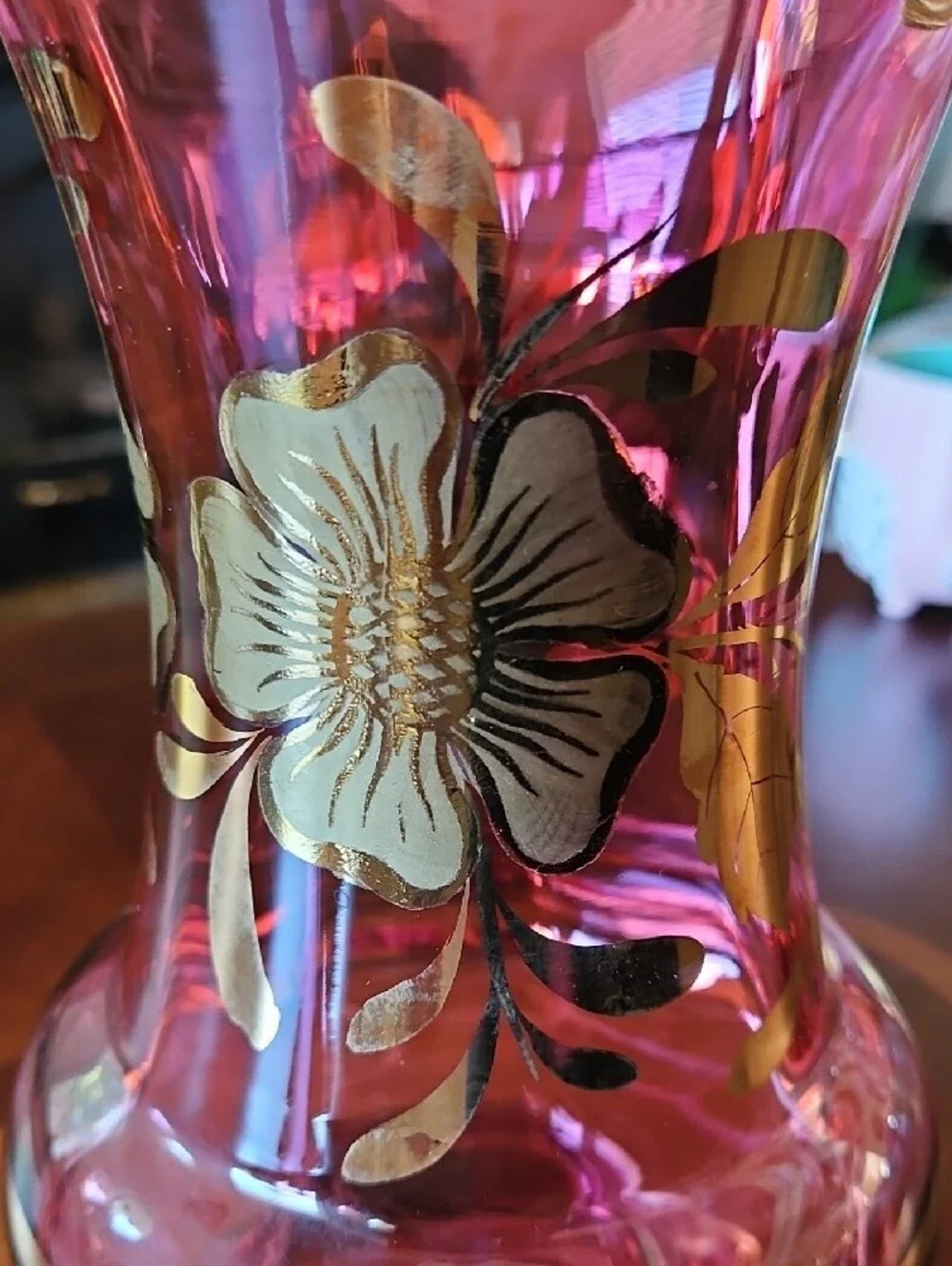 Gorgeous Bohemian Cranberry Glass Vase Gold Floral Hand Painted Czech Art Glass